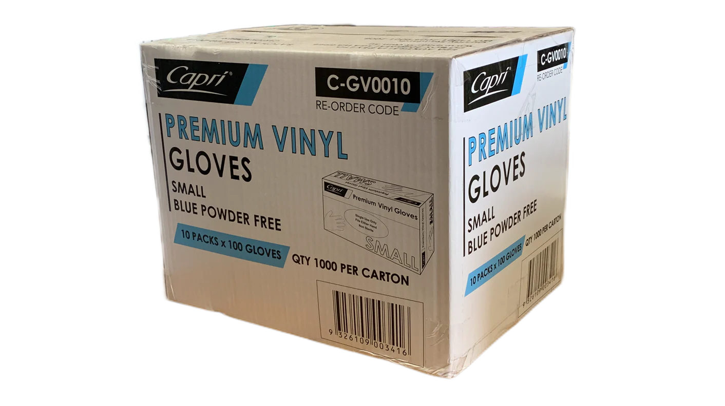 Capri Premium Vinyl Blue Gloves Powder Free Small 1000 Pcs (10 x 100pcs) C-GV0010