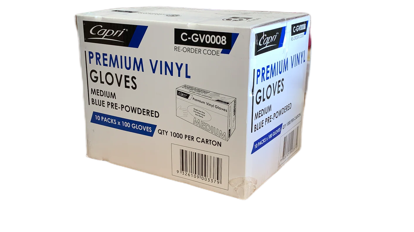 Capri Premium Vinyl Blue Gloves Pre-Powdered  Medium 1000 Pcs (10 X 100pcs)- C-GV0008