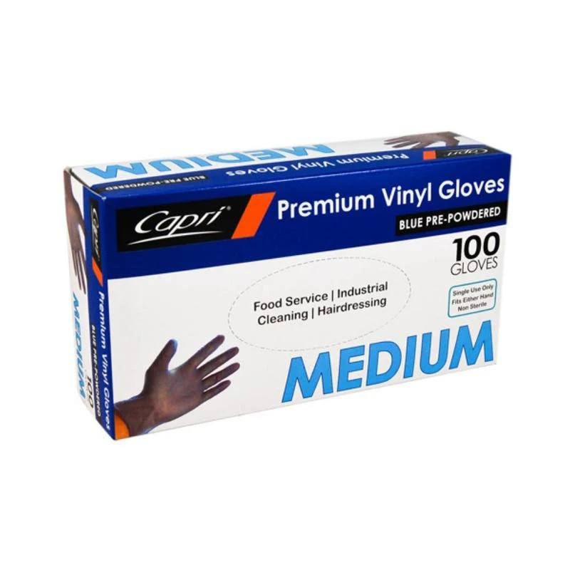 Capri Premium Vinyl Blue Gloves Pre-Powdered  Medium 1000 Pcs (10 X 100pcs)- C-GV0008 - Image 2