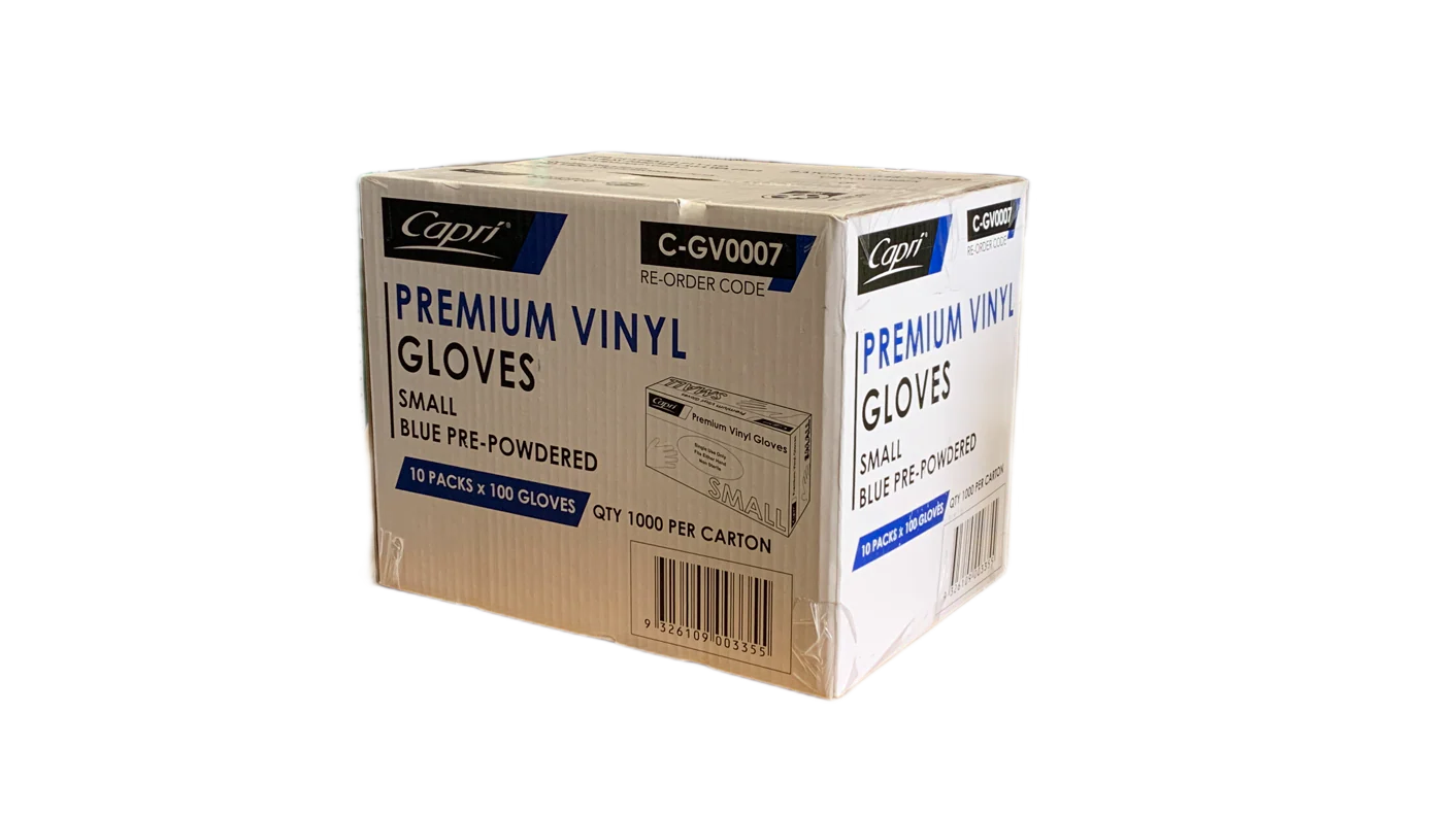 Capri Premium Vinyl Blue Gloves Pre-Powdered  Small 1000 Pcs (10 X 100pcs)- C-GV0007