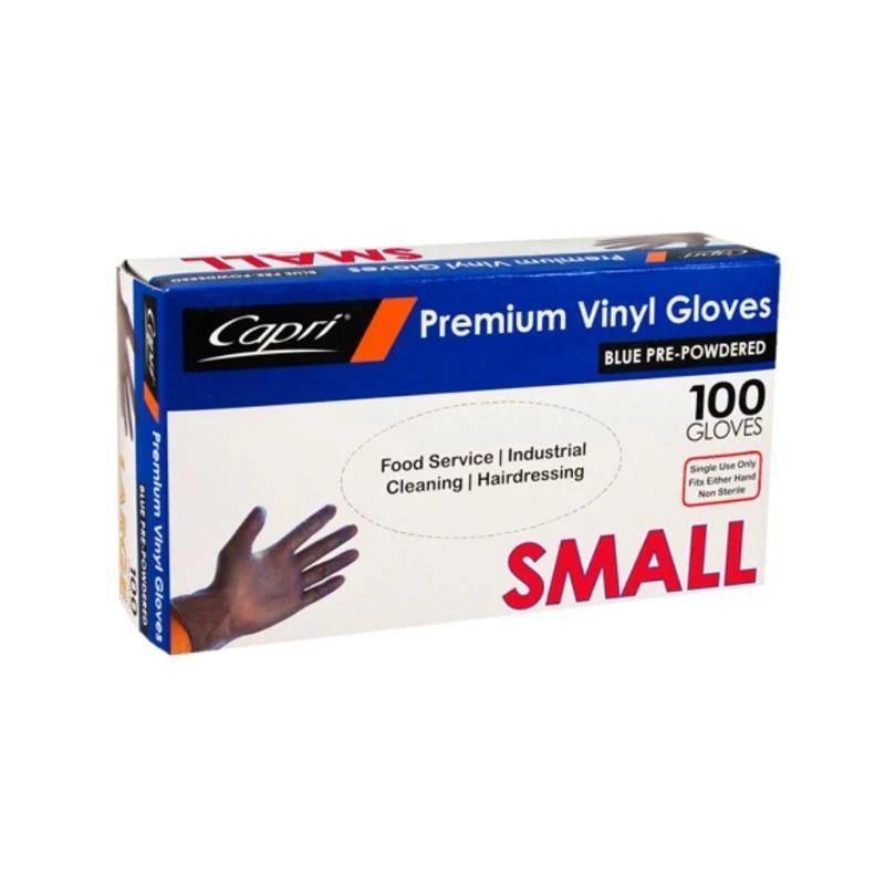 Capri Premium Vinyl Blue Gloves Pre-Powdered Small 100 Pcs- C-GV0007