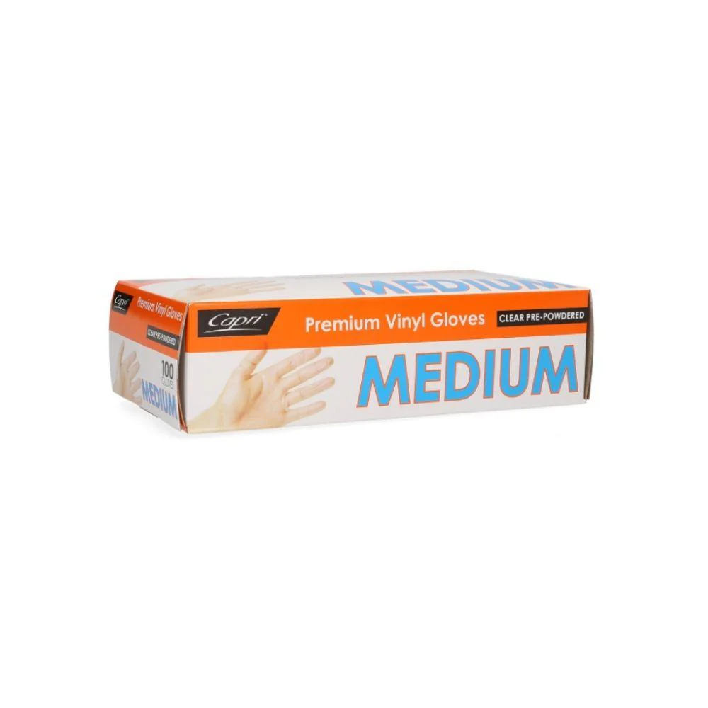 Capri Premium Vinyl Gloves Pre Powdered Medium Clear 100Pcs C-GV0002 - Image 2