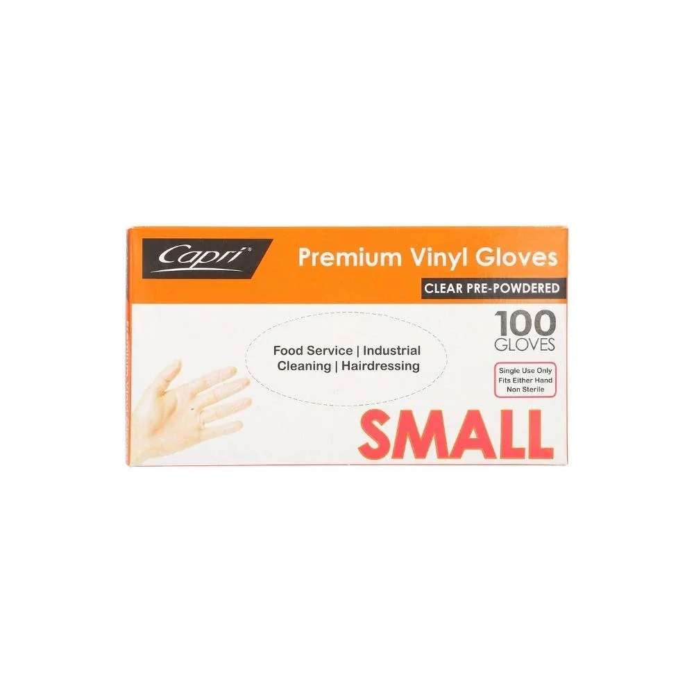 Capri Premium Vinyl Gloves Pre Powdered Small Clear 100 Pcs - C-GV0001