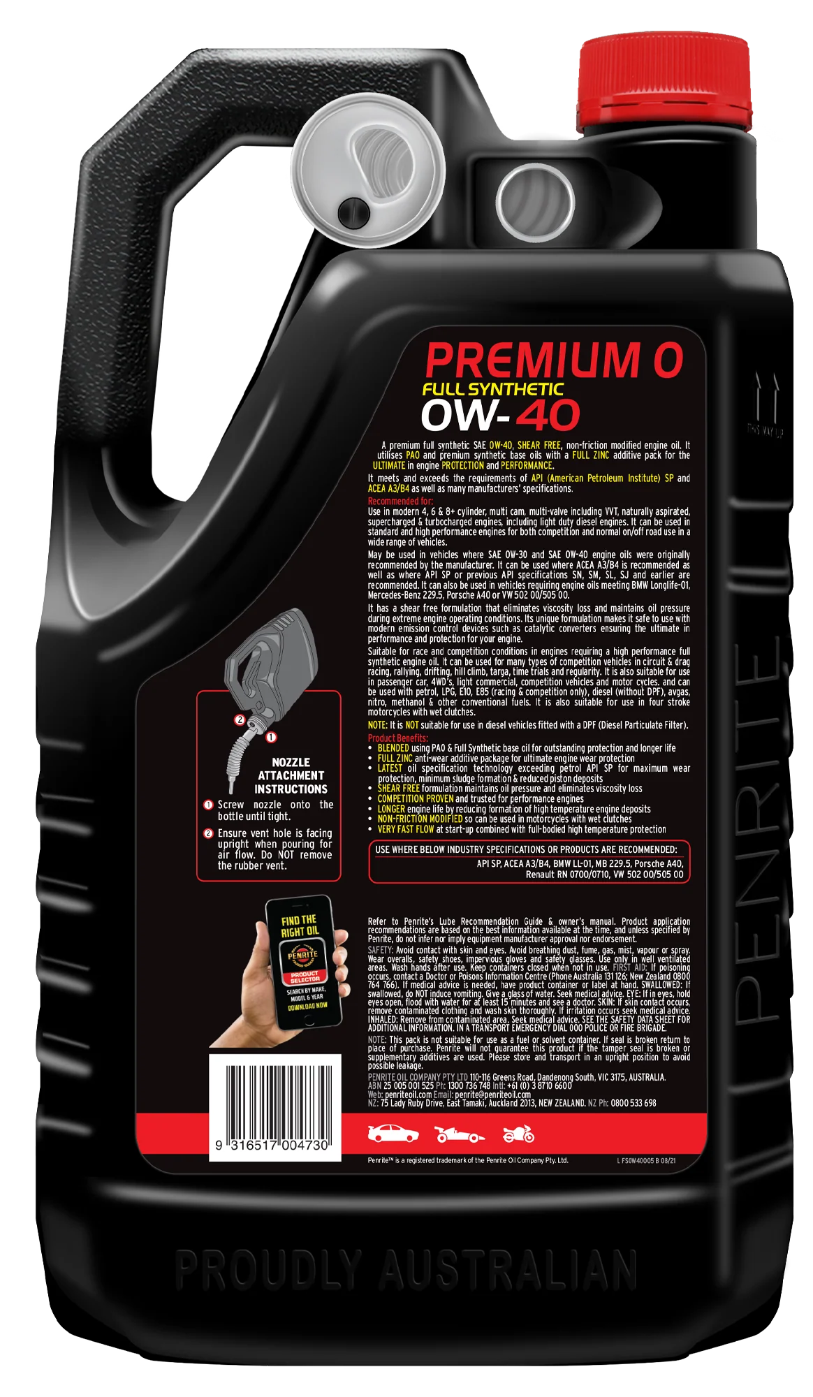 Penrite 10 Tenths Premium 0W-40 Engine Oil 5L - FS0W40005 - Image 2