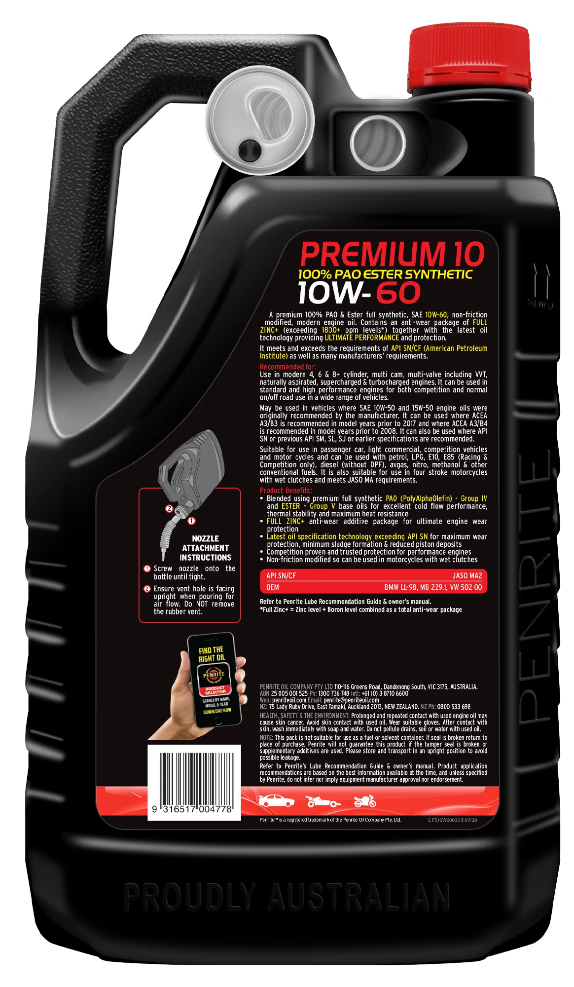 Penrite 10 Tenths Premium 10W-60 Engine Oil 5L - FS10W60005 - Image 2