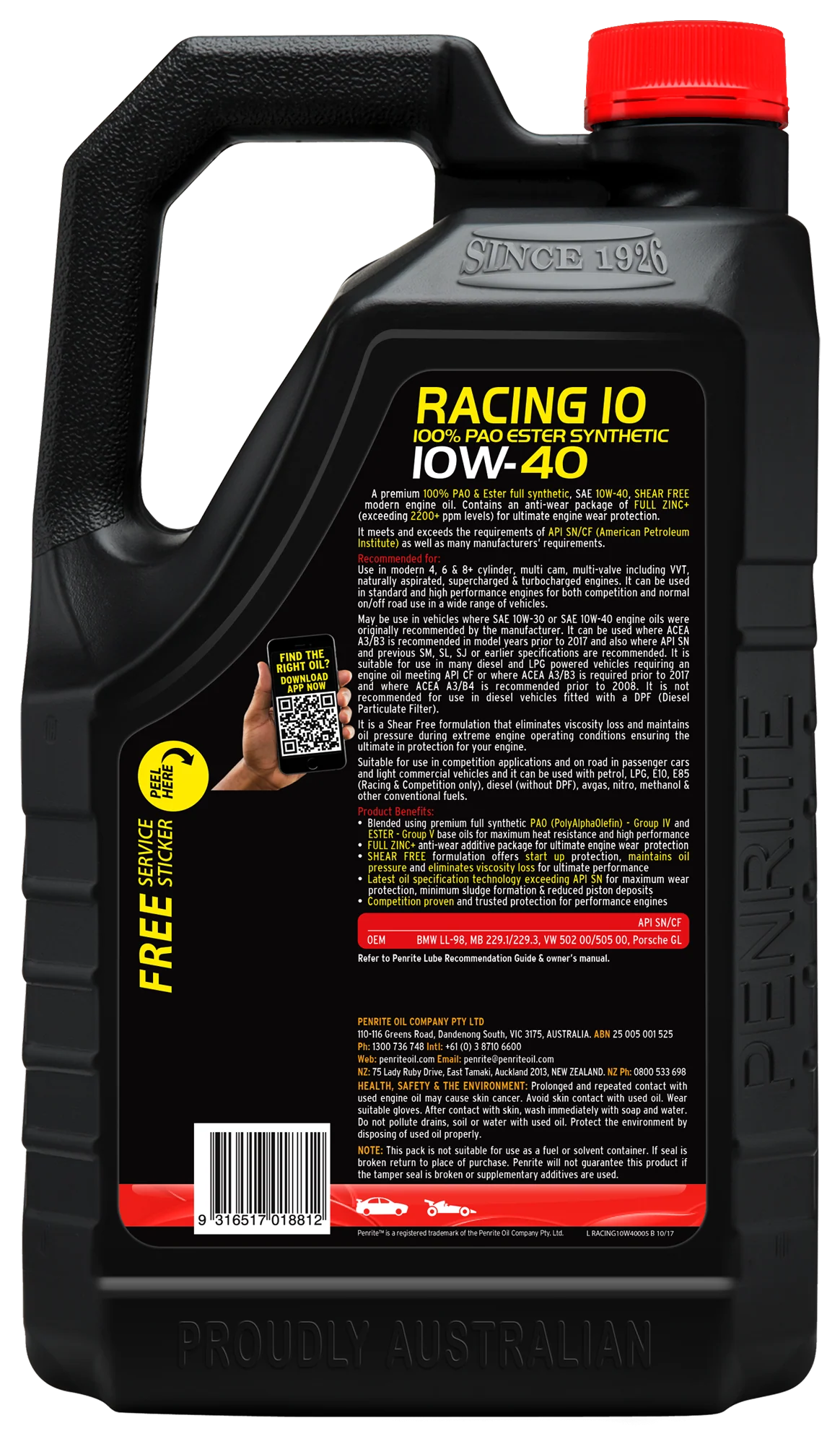 Penrite 10 Tenths Racing 10W-40 Engine Oil 5L - RACING10W40005 - Image 2