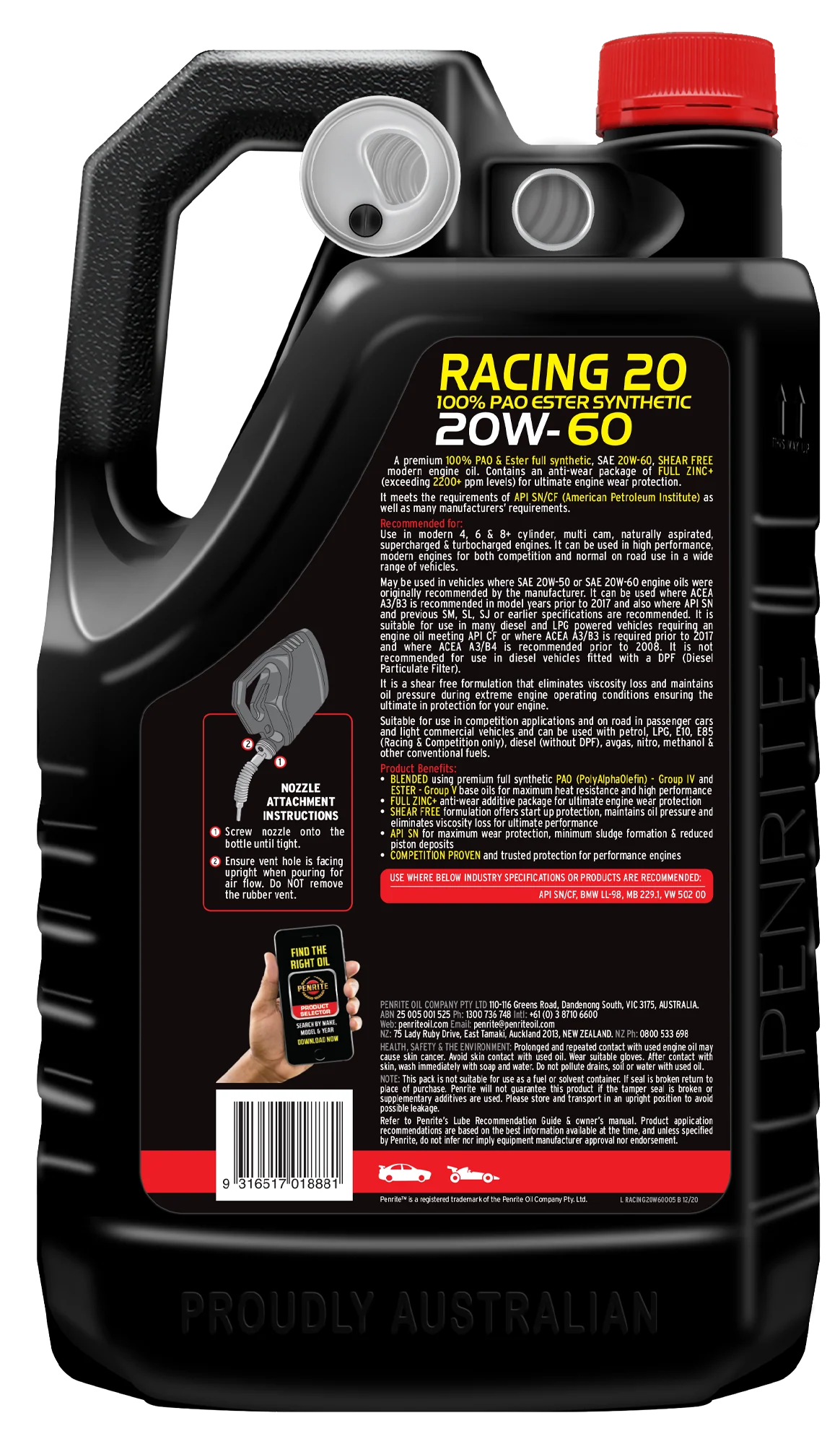 Penrite 10 Tenths Racing 20W-60 Engine Oil 5L - RACING20W60005 - Image 2
