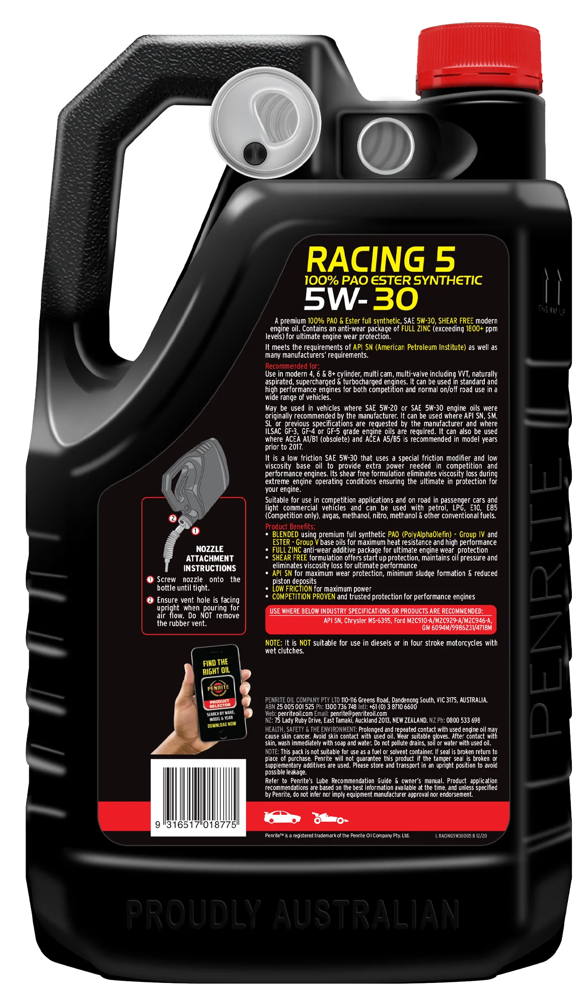 Penrite 10 Tenths Racing 5W-30 Engine Oil 5L - RACING5W30005 - Image 2
