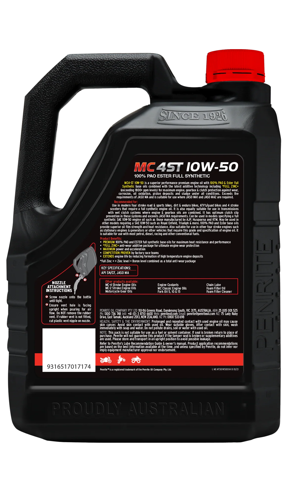 Penrite 4 Stroke Motorcycle Oil Full Synthetic PAO & Ester 10W-50 4L -MC4FS10W50004 - Image 2