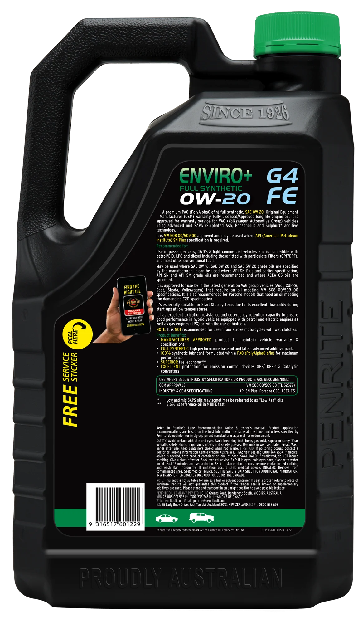 Penrite Enviro+ G4 0W-20 Engine Oil 5L - EPLUSG4FE005 - Image 2