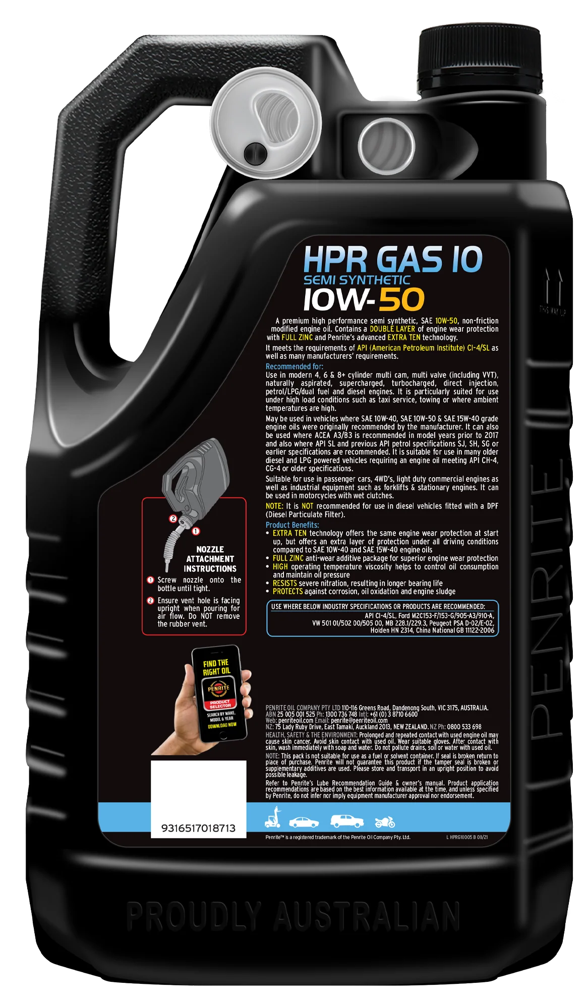 Penrite Gas 10 10W-50 Engine Oil 5L - HPRG10005 - Image 2