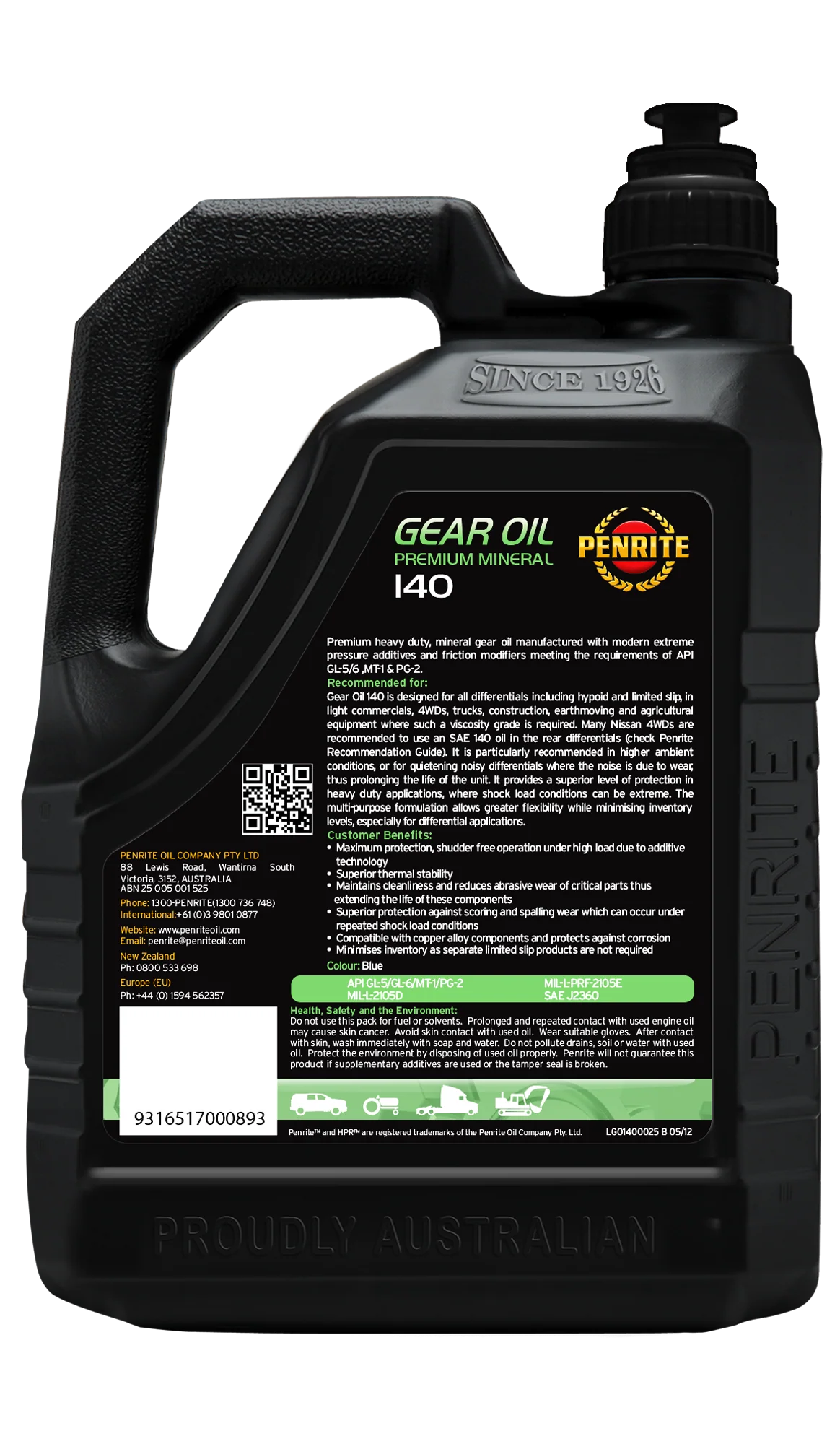 Penrite Gear Oil 140 SAE 140 Mineral Gear & Differential Oil 2.5L - GO1400025 - Image 2