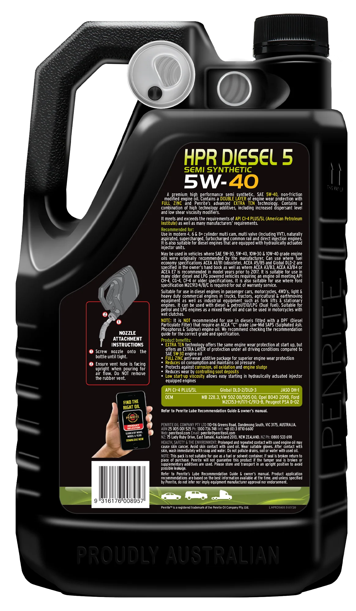 Penrite HPR Diesel 5 SAE 5W-40 Engine Oil 5L - HPRD5005 - Image 2