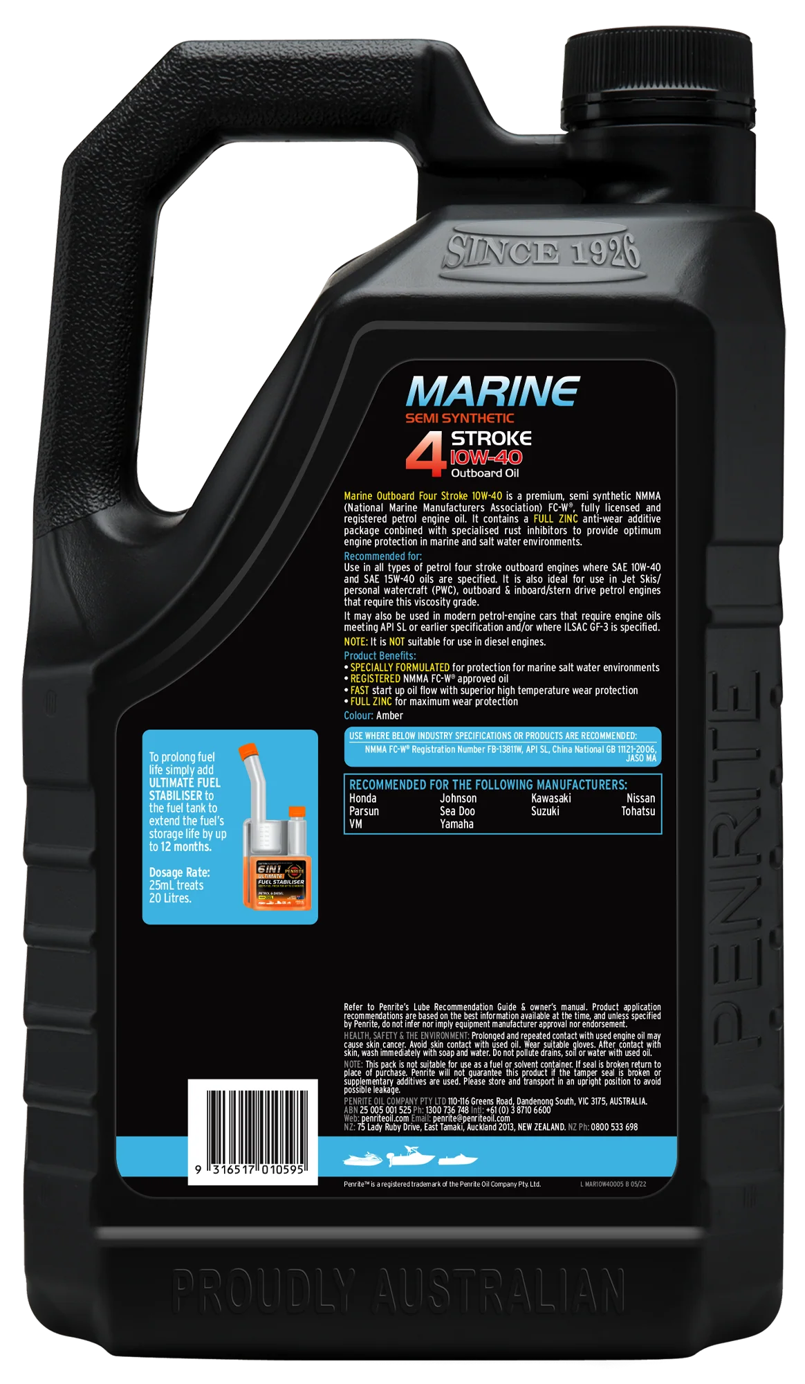 Penrite Marine Outboard 4 Stroke Oil 10W-40 5L - MAR10W40005 - Image 2