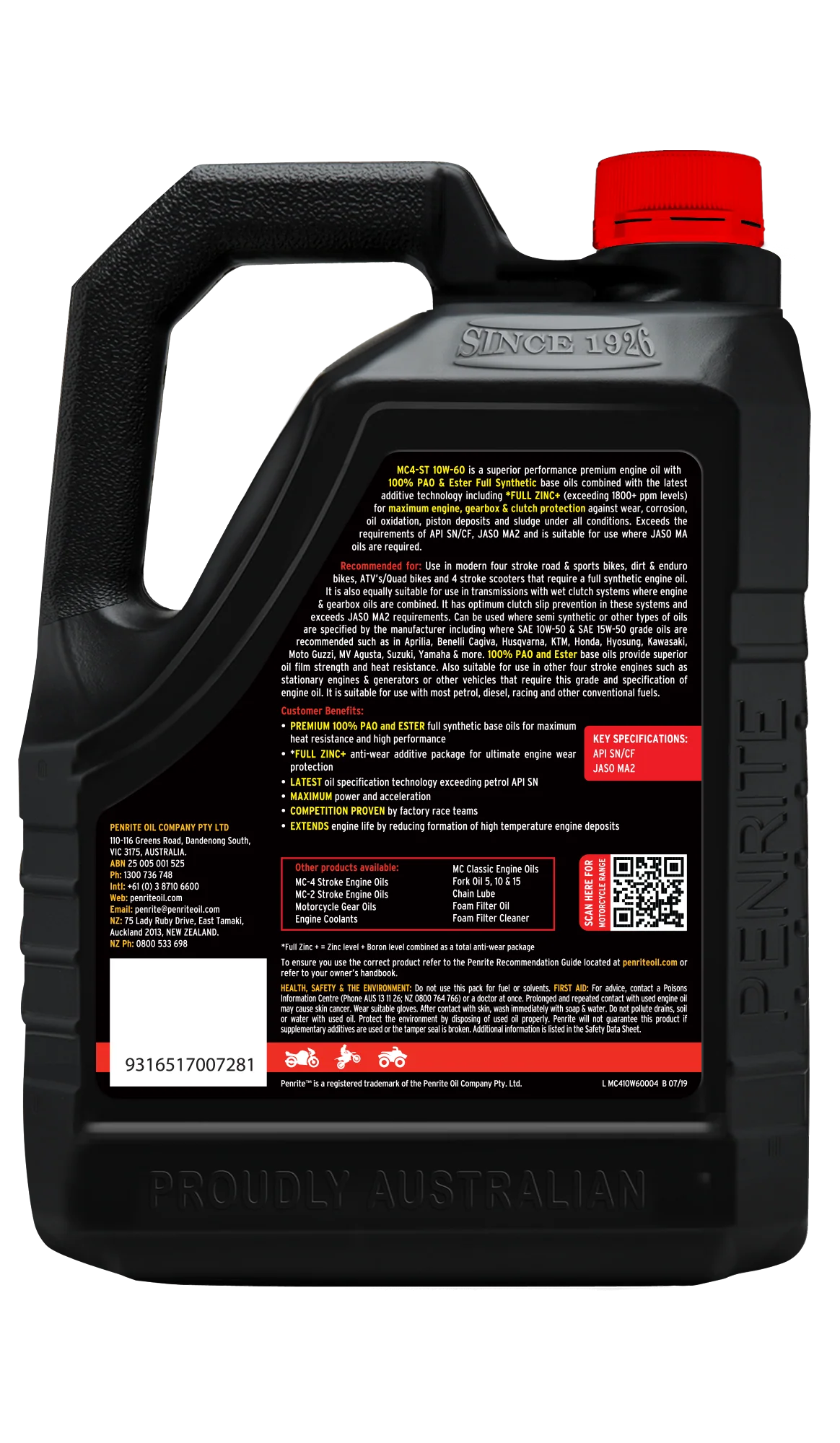 Penrite MC-4ST 10W-60 100% Pao & Ester 4L - MC410W60004 - Image 2