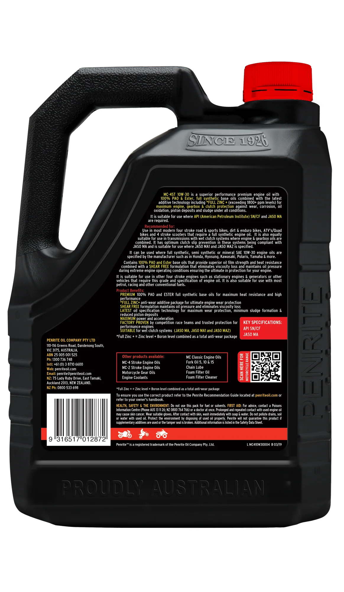 Penrite MC 4ST 4 Stroke Motorcycle Oil 100% PAO & Ester 10W-30 4L - MC410W30004 - Image 2