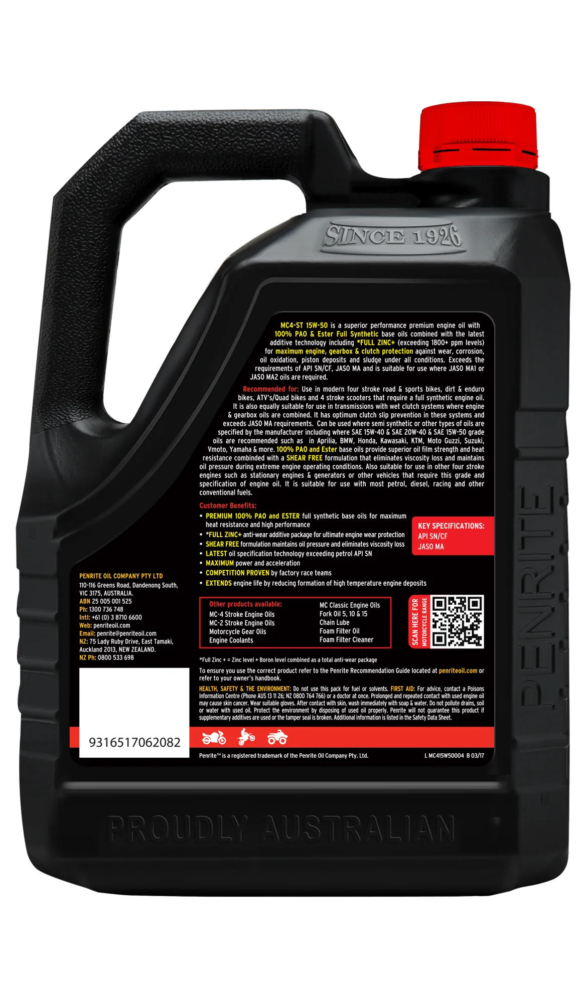Penrite MC 4ST 4 Stroke Motorcycle Oil 100% PAO & Ester 15W-50 4L - MC415W50004 - Image 2