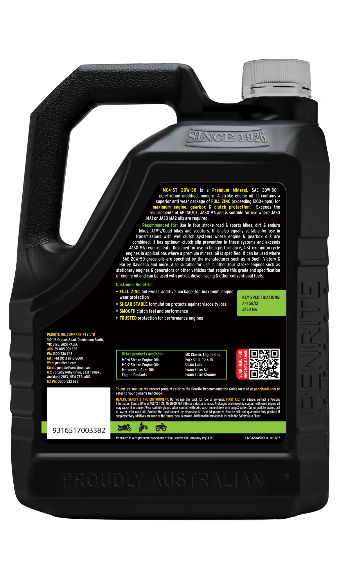 Penrite MC-4ST 4 Stroke Oil Mineral 20W-50 4L - MC420W50004 - Image 2