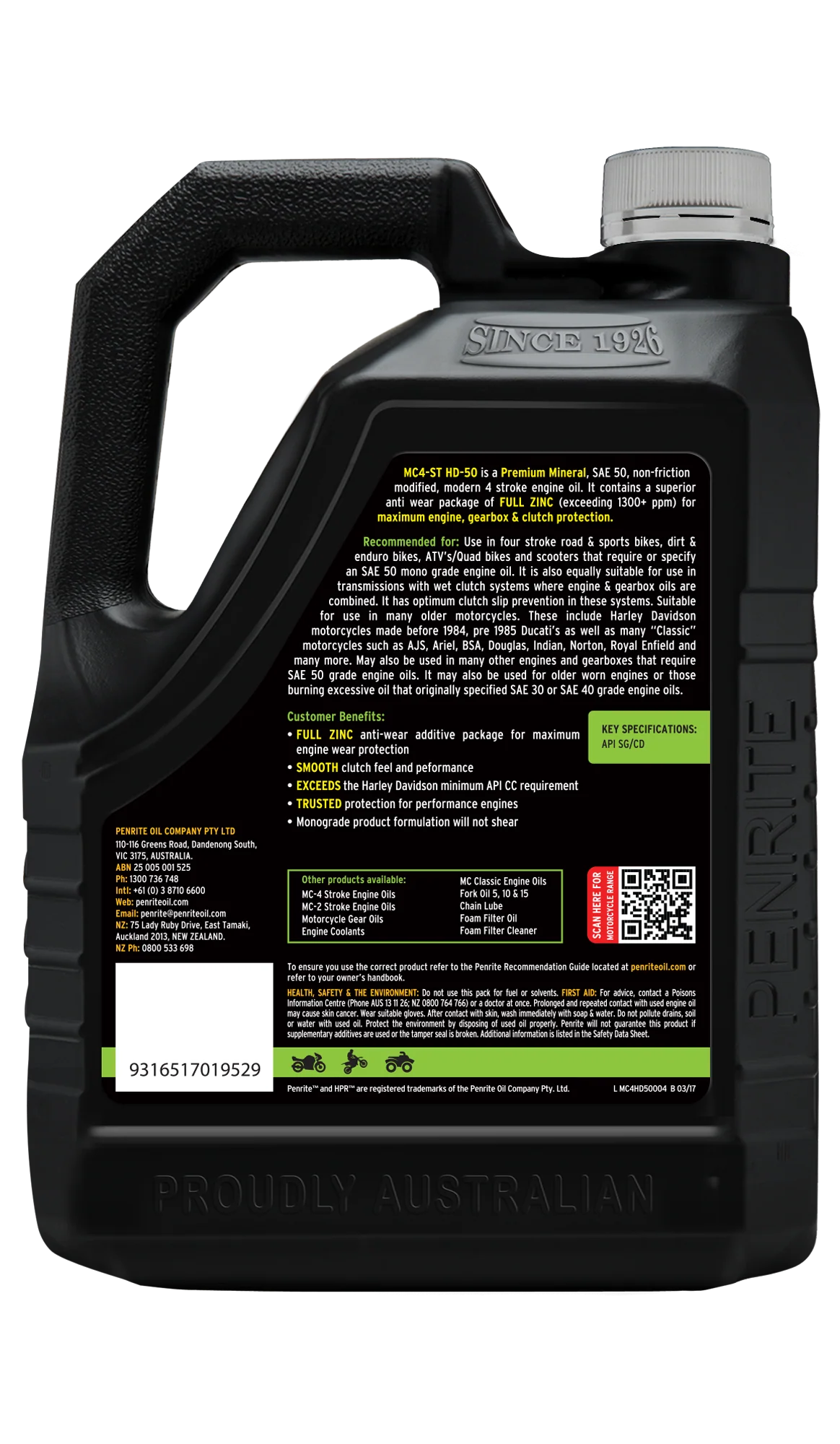 Penrite MC-4ST 4 Stroke Oil Mineral HD SAE 50 4L - MC4HD50004 - Image 2