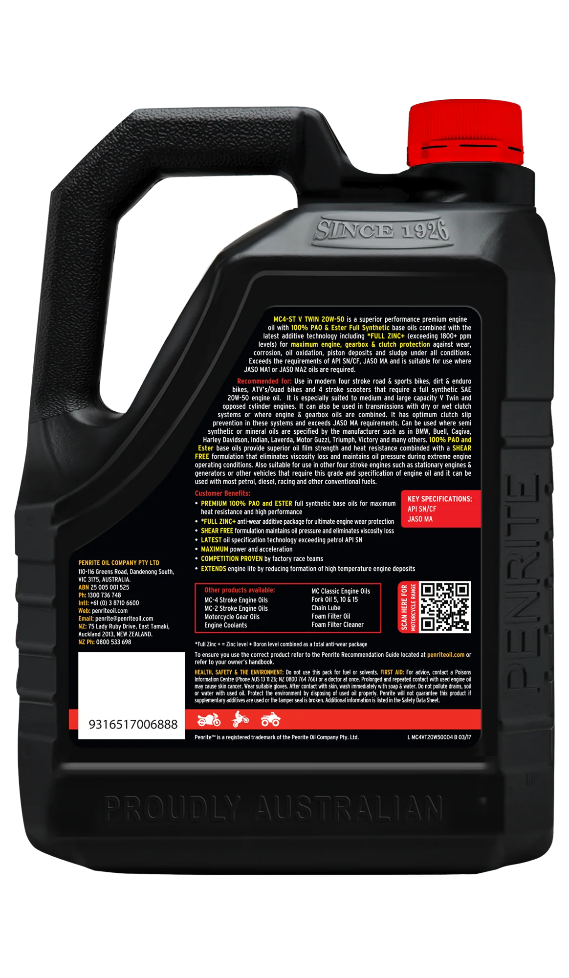 Penrite MC-4ST V Twin 20W-50 100% Pao & Ester 4L - MC4VT20W50004 - Image 2
