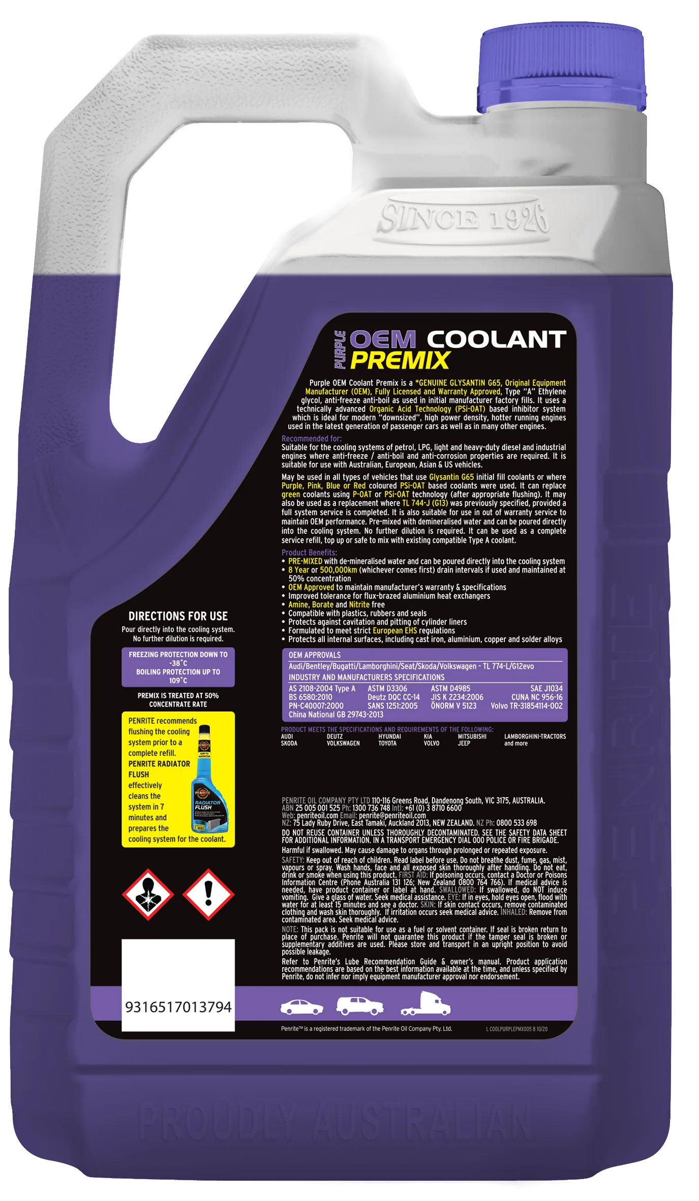 Penrite Purple OEM Genuine Coolant Premix 5L - COOLPURPLEPMX005 - Image 2